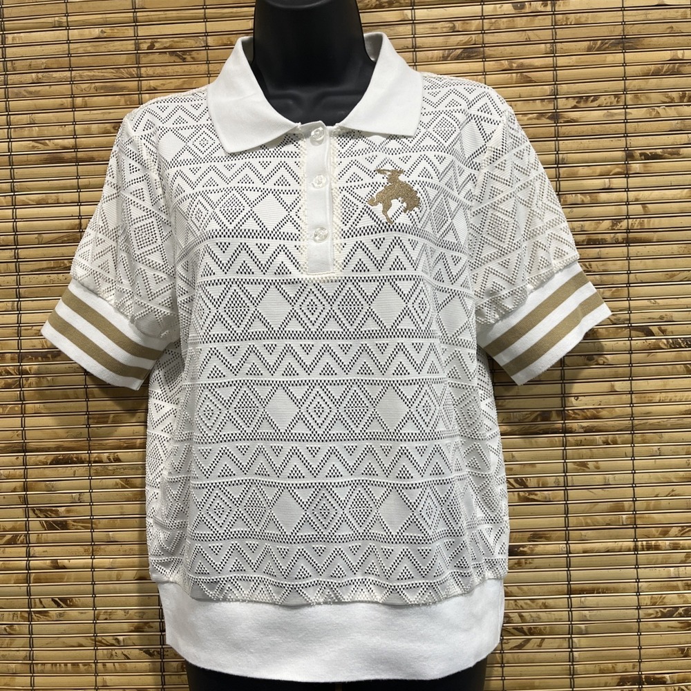 Cruel Denim Womens M White Eyelet Lace Polo Shirt Bronco‎ Rodeo Western Cowgirl